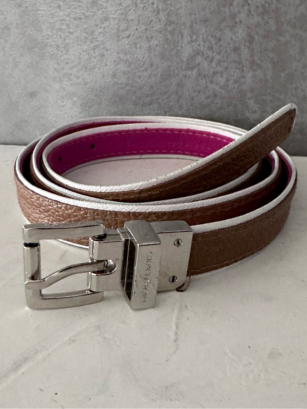 Michael Kors Reversible Belt PINK CANVAS BROWN LEATHER LARGE